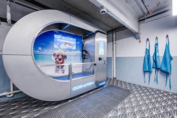 A futuristic white and blue room with a large circular window and a door.