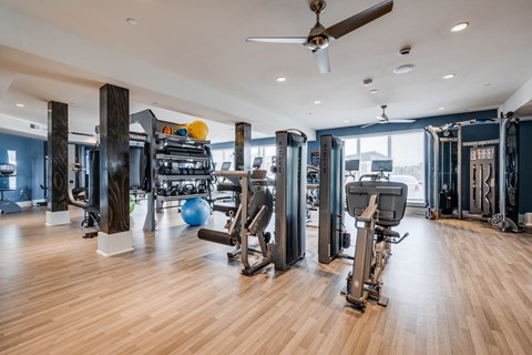 A gym with a variety of equipment including a ceiling fan.