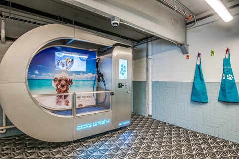 A large circular booth with a screen and a dog on it.