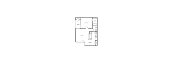A black and white floor plan of a house with a kitchen, living room, and two bedrooms.