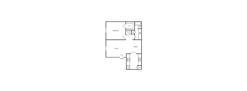 A floor plan of a house with a kitchen, living room, dining room, and two bedrooms.