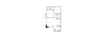 A floor plan of a house with a kitchen, living room, and two bedrooms.
