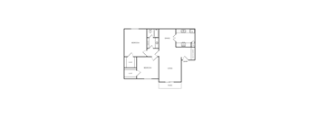 A floor plan of a house with a kitchen, living room, and two bedrooms.