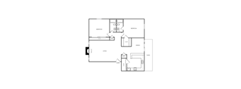 A floor plan of a house with a kitchen, living room, and two bedrooms.