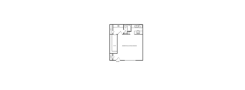A floor plan of a room with a closet, a door, and a bathroom.