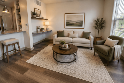 A living room with a white couch, a coffee table, and a painting on the wall.