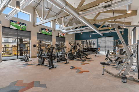 Modern fitness center with cardio equipment, free weights, and strength training machines.