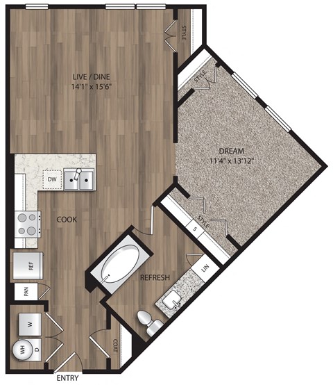Studio 1 bath S2 Floor Plan at The Mill Old Town, Lewisville Texas