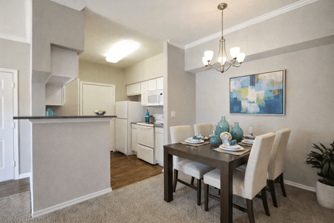 Kitchen with dining area at Stoneleigh on Cartwright Apartments, Texas, 75180