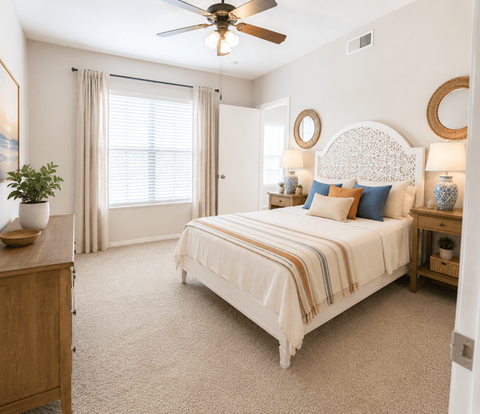 A bedroom with a large bed and a ceiling fan.