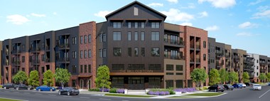 a rendering of an apartment building with cars parked in front of it at The Mill Old Town, Lewisville, 75057