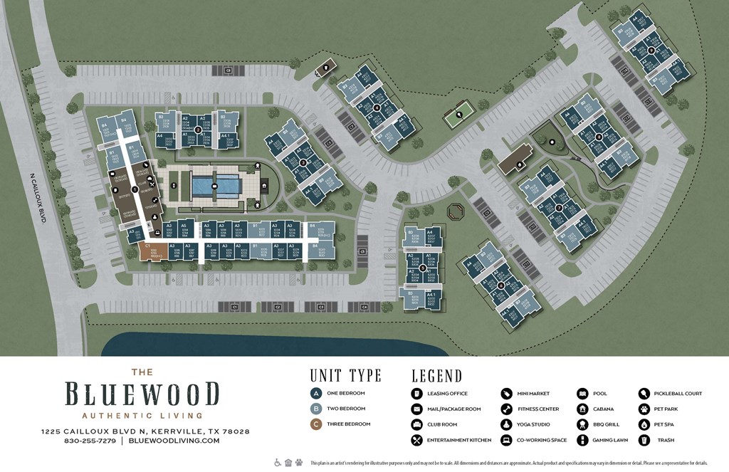 A map of The Bluewood Authentic Living community, showing the layout of homes and amenities.