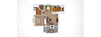 A floor plan of a small apartment with a kitchen, living room, and bathroom.