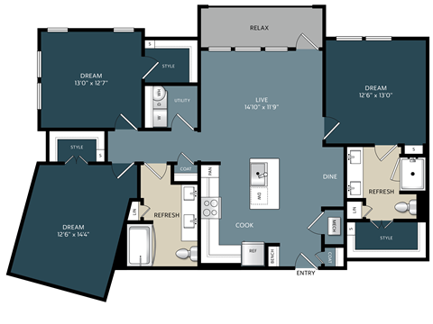 A floor plan of a house layout with labeled rooms such as RELAX, DREAM, LIVE, DINE, and COOK.