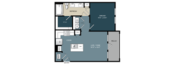 A floor plan of a kitchen with a layout that includes a REFRESH area, COOK area, and a LIVE/DINE area.