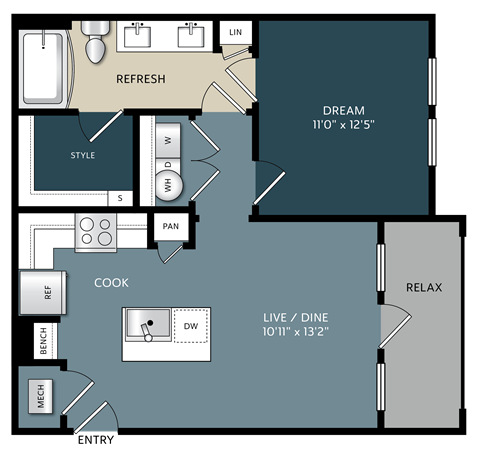 A floor plan of a kitchen with a layout that includes a REFRESH area, COOK area, and a LIVE/DINE area.