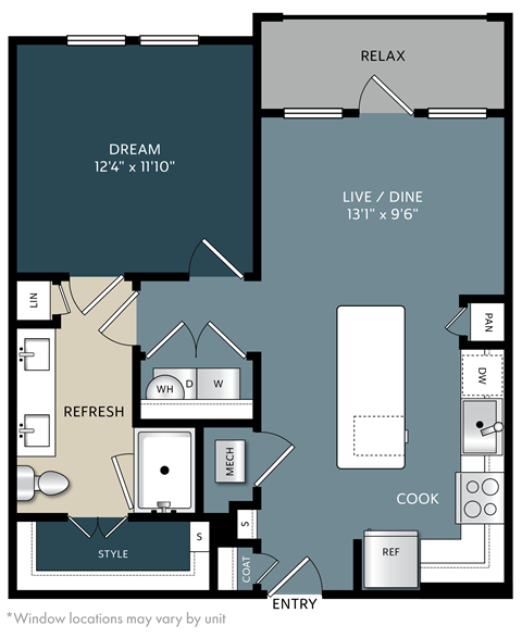 A floor plan of a house with labeled rooms such as RELAX, DREAM, LIVE/DINE, REFRESH, and COOK.