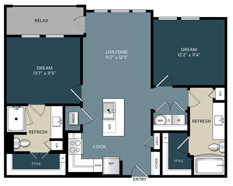 A floor plan of a house with labeled rooms such as RELAX, DREAM, and COOK.