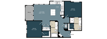 A floor plan of a house with a living room, two bedrooms, a bathroom, and a kitchen.