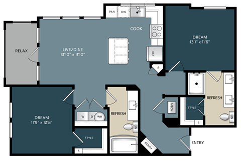 A floor plan of a house with a living room, two bedrooms, a bathroom, and a kitchen.