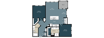 A floor plan of a house with a living room, dining room, kitchen, and two bedrooms.