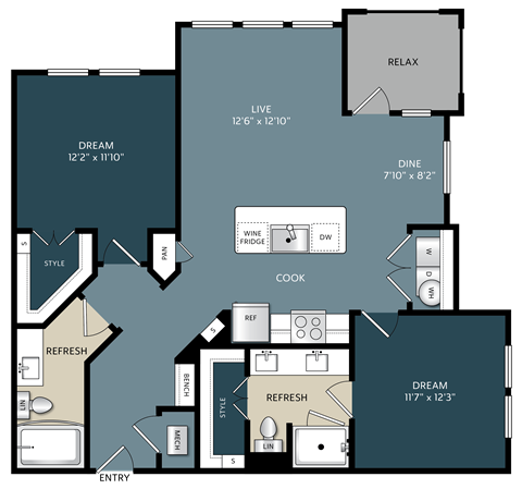 A floor plan of a house with a living room, dining room, kitchen, and two bedrooms.