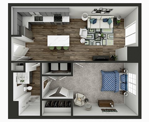 1 bedroom 1 bathroom 765 Sq.Ft. floor plan E at Panton Mill Station Apartments,J Street Property Services, LLC, Illinois