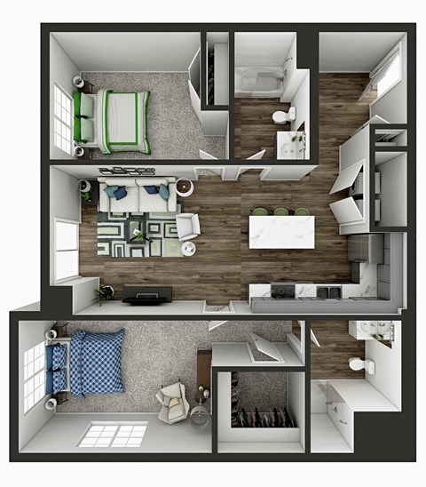 2 bedroom 2 bathroom 1,065 Sq.Ft. floor plan at Panton Mill Station Apartments,J Street Property Services, LLC, South Elgin, IL