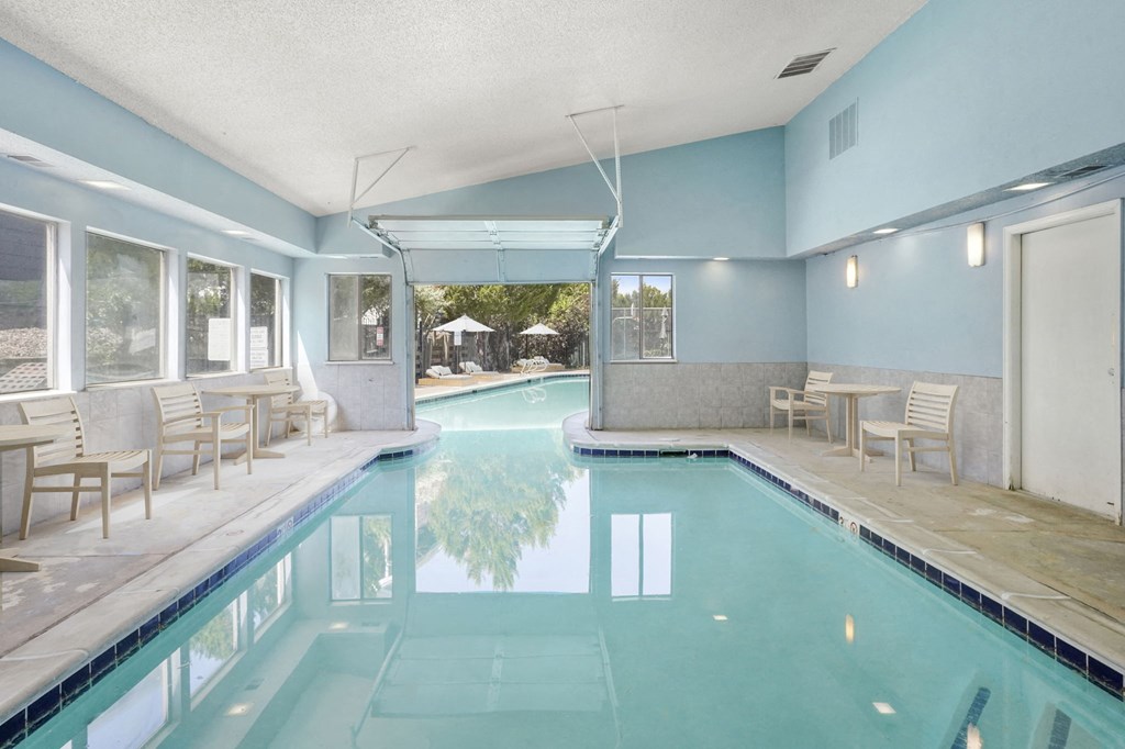 The Indoor/Outdoor Swimming Pool at Horizon East Apartments in Aurora, Colorado