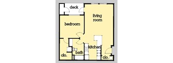 A one bedroom, one bathroom apartment floor plan at Huntington Place Apartments in Puyallup, Washington