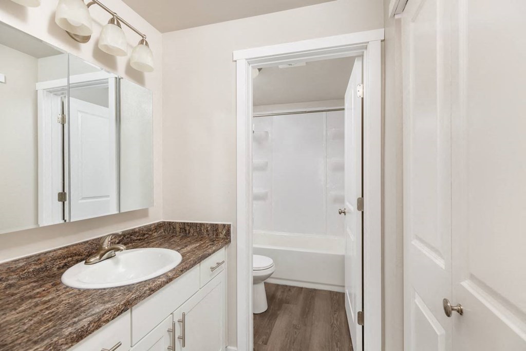 A bathroom with a sink, mirror, and toilet.