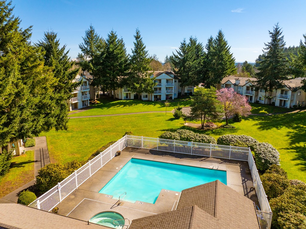 An aerial view of our Swimming Pool and property views at Capitol City in Lacey, WA