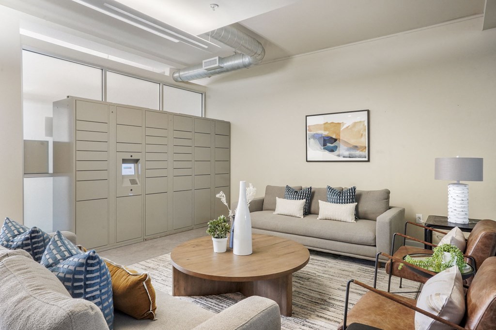 Our Apartment Building Interior Lobby and Parcel Lockers at Sleek Lofts Apartments in Denver, Colorado