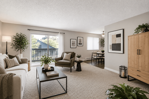 A living room with a white couch, a coffee table, and a potted plant.