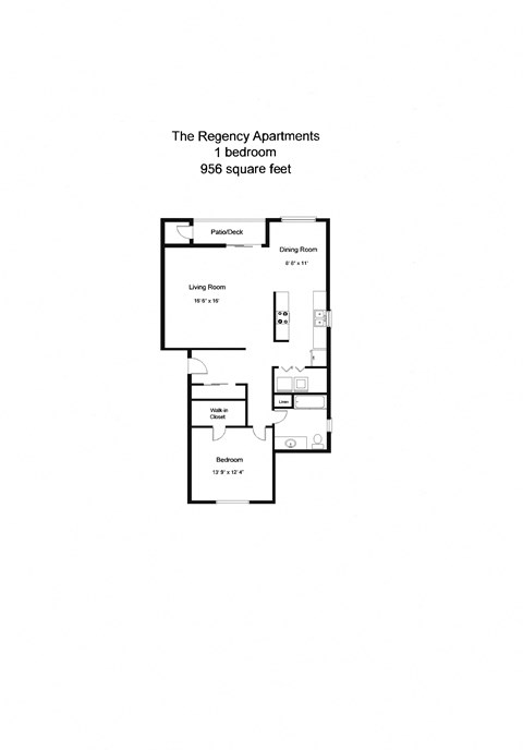 Our 1 bedroom, 1 bathroom apartment floor plan at The Regency Apartments in Lacey, Washington