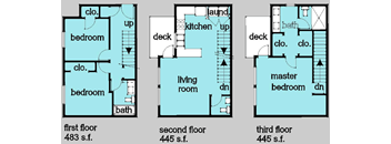 A three bedroom, two-and-a-half bathroom apartment floor plan at Huntington Place Apartments in Puyallup, Washington