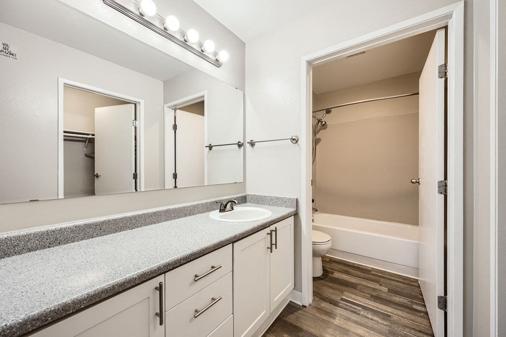 Primary bathroom in a two-bedroom two-bath apartment at Capitol City in Lacey, WA