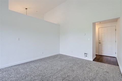 a bedroom with a carpeted floor and a white door