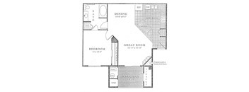 The Belle Meade Floor Plan; A one bedroom, one bathroom apartment floor plan at Fox Run Lofts in Englewood, Colorado