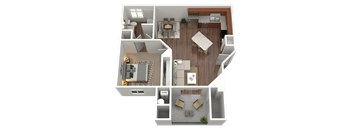 3D rendering of 1 bed 1 bath apartment