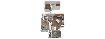 3D rendering of a 1 bed 1 bath loft apartment