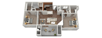 3D rendering of a 2 bed 2 bath apartment