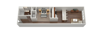 3D rendering of a one-bedroom one-bath floorplan