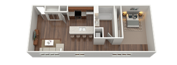 3D rendering of a one-bedroom one-bath floorplan