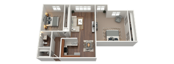 3D rendering of a large two bedroom one bath apartment floorplan