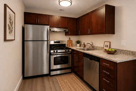 A kitchen with a stainless steel refrigerator and oven.