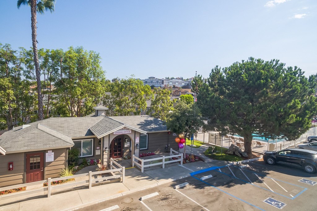 An aerial view of our Leasing Office and property at Meadow Creek Apartments in San Marcos, CA
