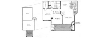 The Devonshire Loft Floor Plan; A two bedroom, two bathroom apartment floor plan at Fox Run Lofts in Englewood, Colorado