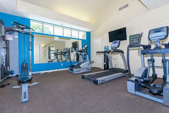 A gym with a variety of equipment including treadmills, weights, and exercise machines  at The Buttes Apartments Loveland, CO.