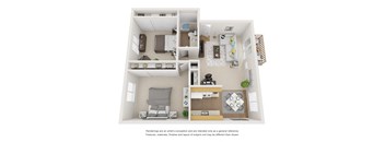 The Aspen Floor Plan; A two bedroom, one bathroom apartment floor plan at Greentree Village Apartments